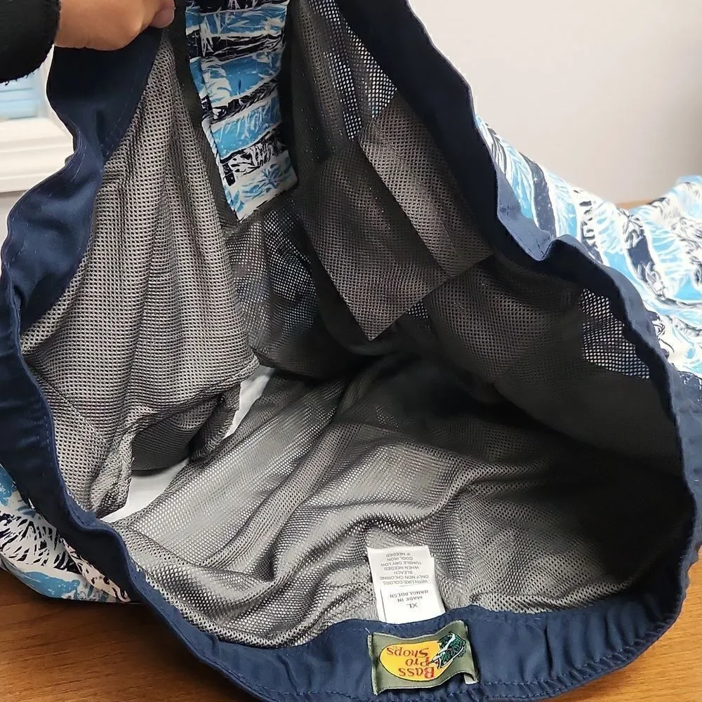 NWT Bass Pro Shops XL blue and palm leaf swim trunks.